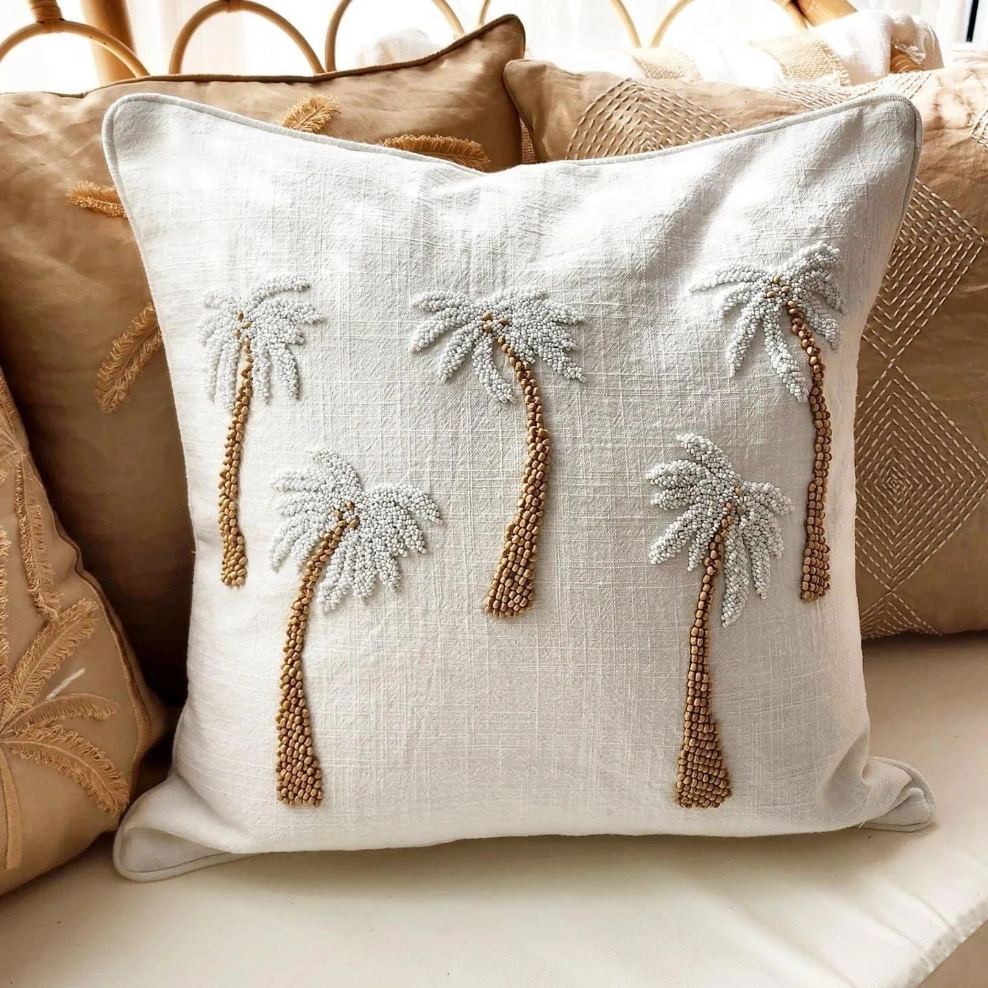 Palms Hand Beaded on Raw Linen Cushion Cover
