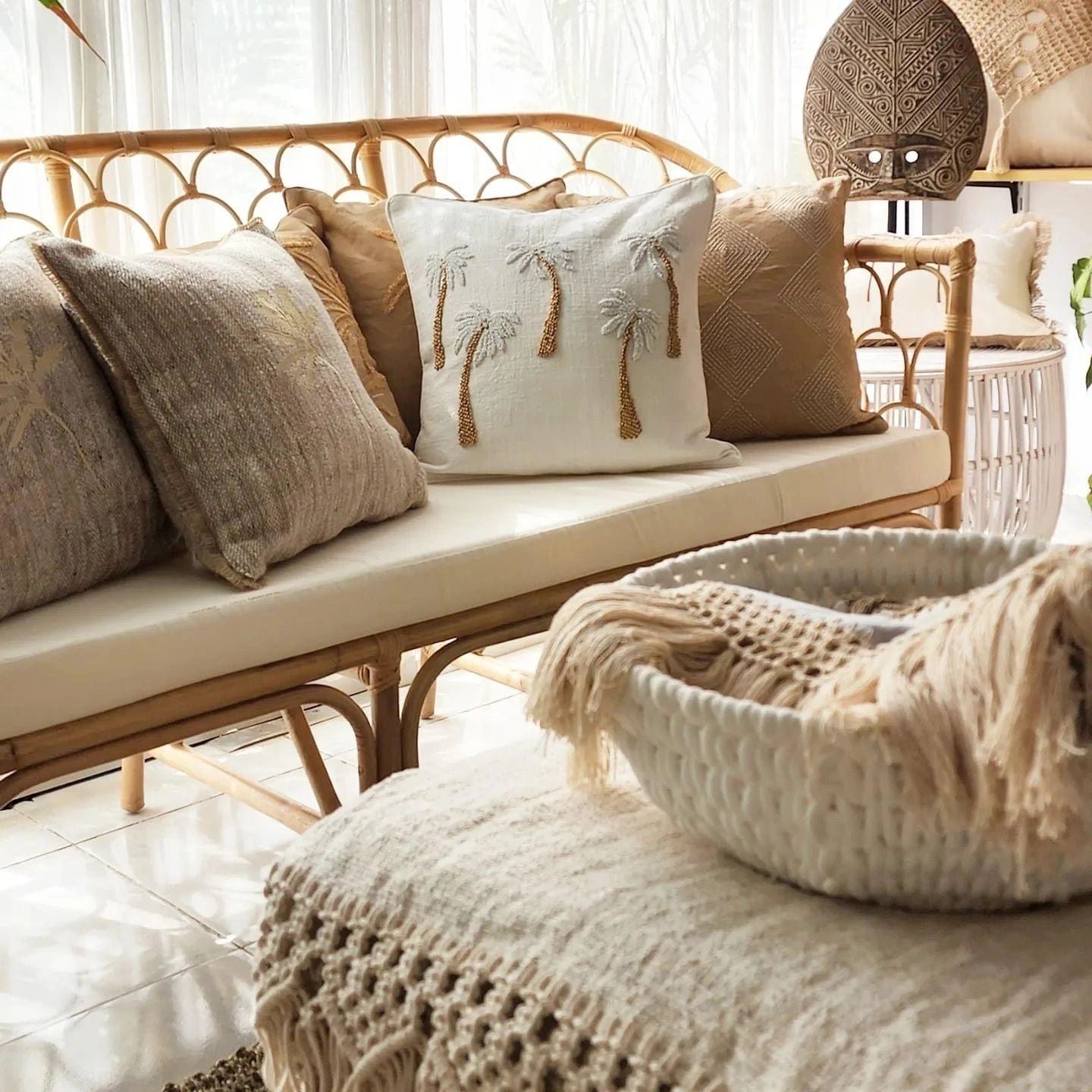 Natural Cotton Mustard Brown Cushion Cover with 3D Palms