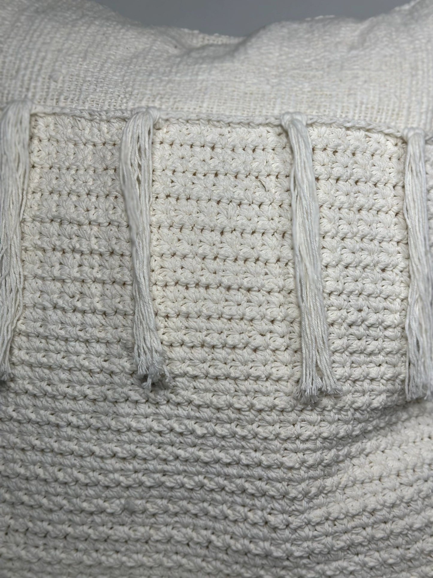 White cotton and hand crocheted Cushion Cover with tassels