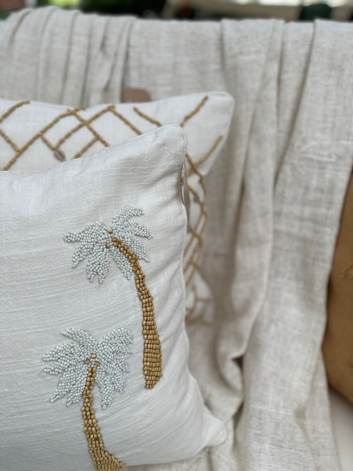 Palms Hand Beaded on Raw Linen Cushion Cover
