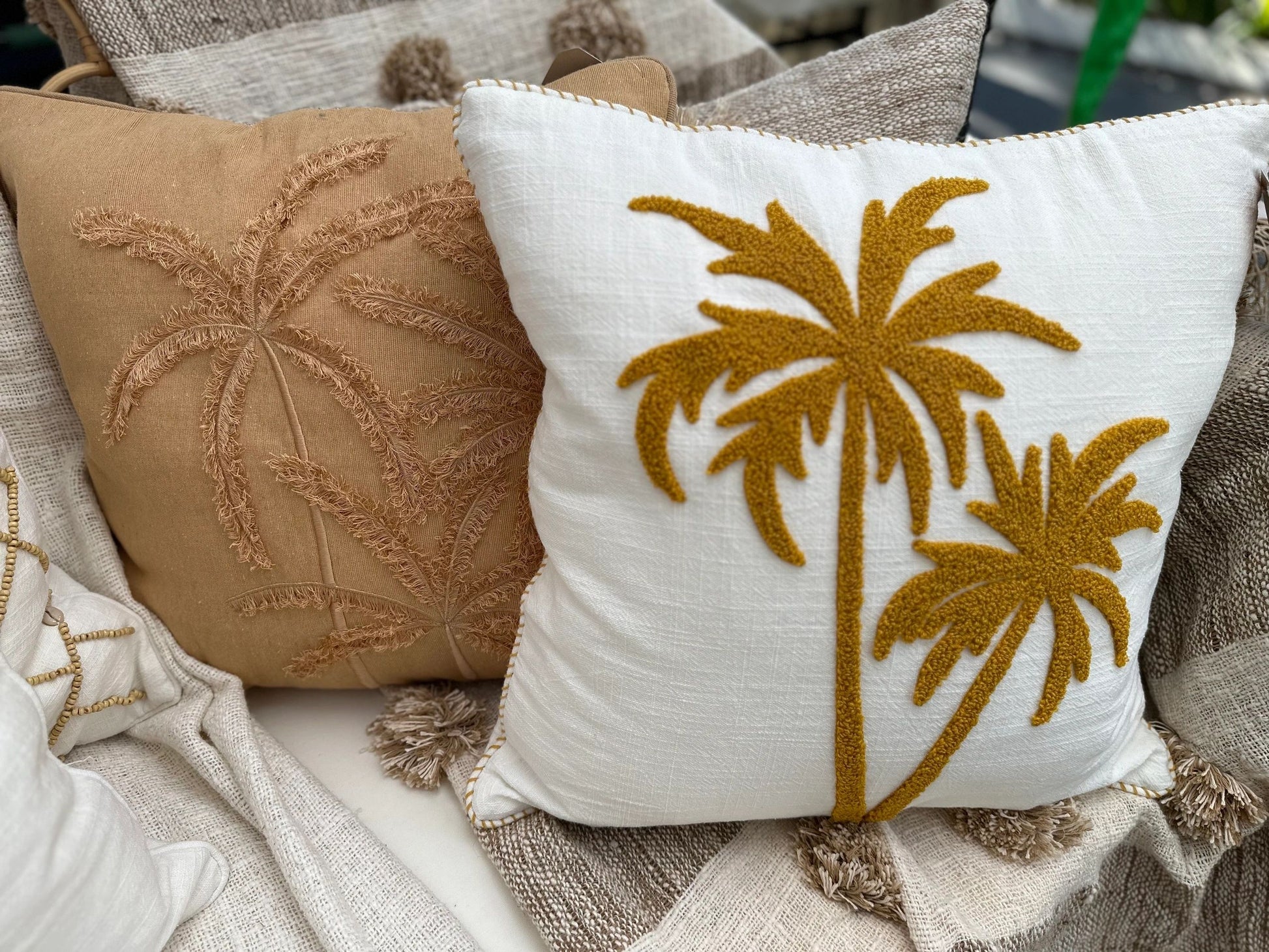 Natural Cotton Mustard Brown Cushion Cover with 3D Palms
