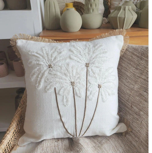 3D Palms on White Raw Linen with Natural Fringe Edging