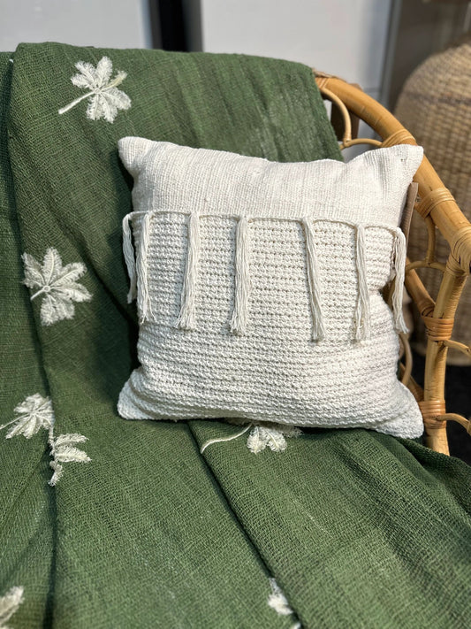 White cotton and hand crocheted Cushion Cover with tassels