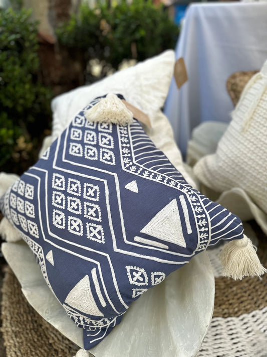 Blue Aztec Cushion Cover with Tassels