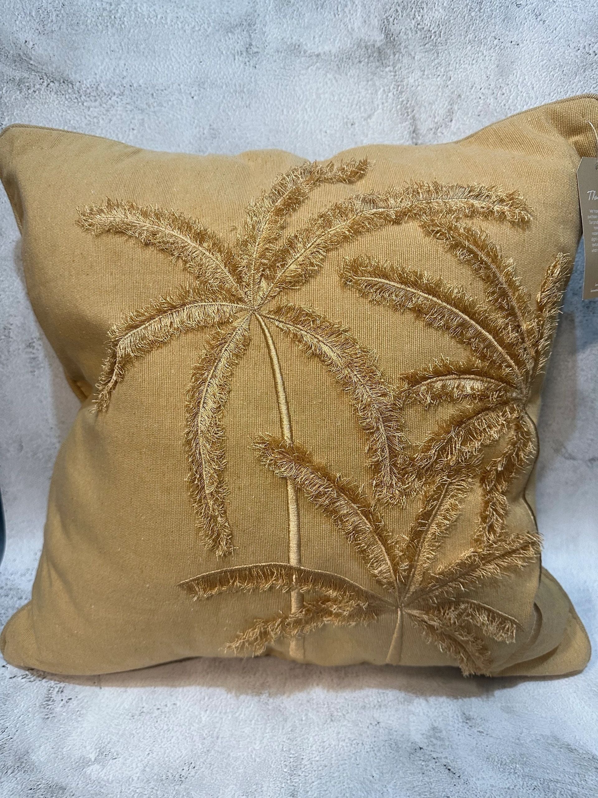 Natural Cotton Mustard Brown Cushion Cover with 3D Palms