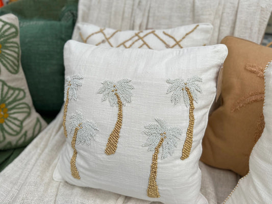 Palms Hand Beaded on Raw Linen Cushion Cover