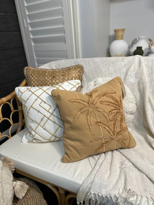 Natural Cotton Mustard Brown Cushion Cover with 3D Palms